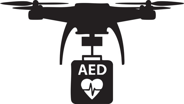 Medical delivery drone silhouette carrying aed defibrillator kit