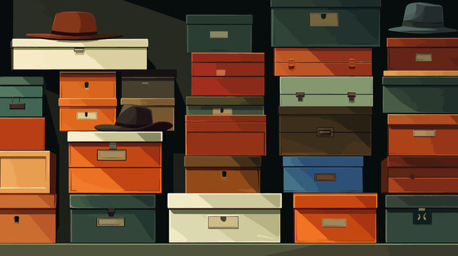 Multiple stacked vintage suitcases with hats, in varied colors and sizes
