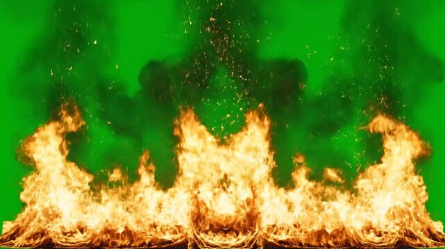 A bright wall of intense fire burning on a green screen background