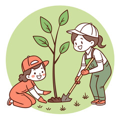 Two young girls planting a small tree in the park.