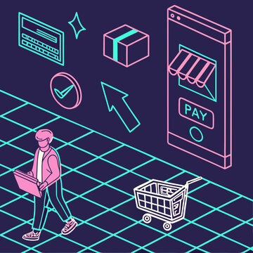 Online payment processing and delivery man.