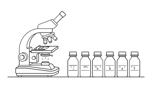 Laboratory microscope with row of chemical reagent bottles outline vector illustration