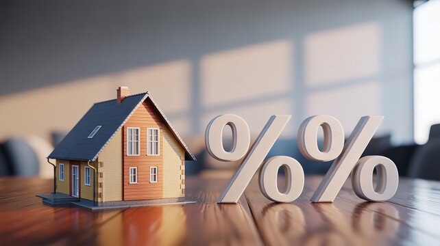 House model with percentage signs on wooden table in office