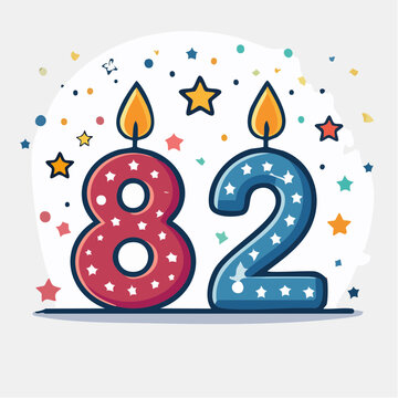 Birthday Candles Number 82 with Confetti and Stars