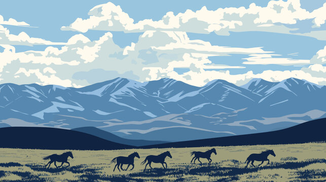 Scenic landscape with distant snow-capped mountains, cloudy sky, and galloping horses