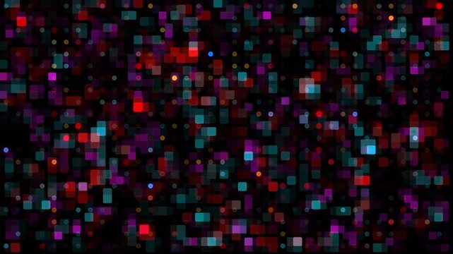 Abstract dynamic twinkling grid of vibrant glowing squares and digital pixels flickering on a dark background perfect for technology and data visualization backgrounds