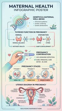 Maternal health infographic poster with pregnancy stages and uterus anatomy