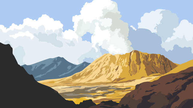 Illustration of a volcanic landscape with mountains, clouds, and ash plume