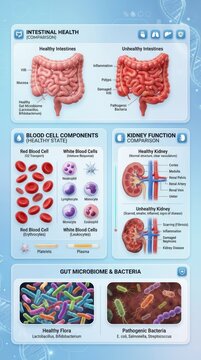 Medical infographic comparing healthy and unhealthy intestines, kidney function, blood cells, and gut microbiome bacteria