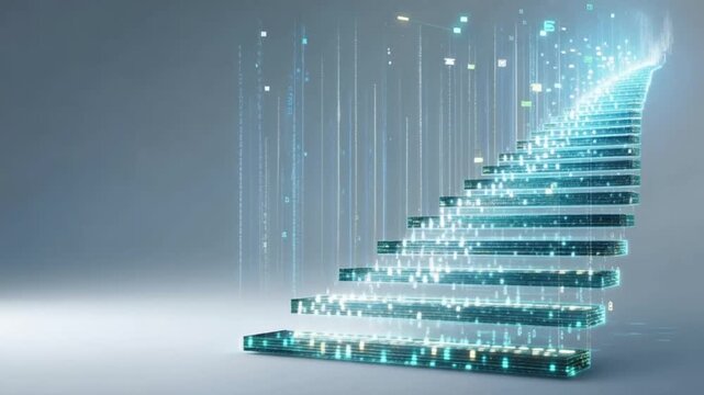 Digital staircase ascending into a luminous vortex of glowing particles, representing technological advancement and innovation. ..Created with Generative AI, not depicting real subjects.