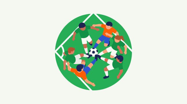 Flat vector illustration of diverse football players in a circle kicking a soccer ball on a green field, teamwork and sports competition concept.
