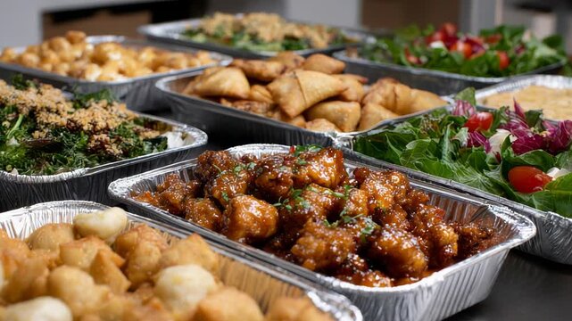 Assorted Asian Takeout Food Trays with Chicken Vegetable and Rice