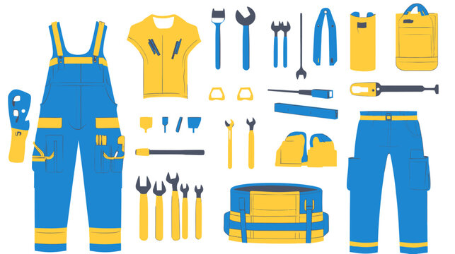 Collection of blue and yellow work tools and clothing items