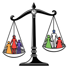Justice scale balancing family figures and group.