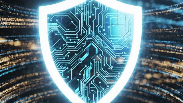 A luminous blue digital shield with intricate circuitry patterns glows brightly against a backdrop of blurred streaks of light, symbolizing cybersecurity and data protection.