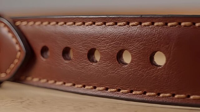 Closeup Macro Shot of a Detailed Brown Leather Belt with Stitched Edges and Metal Buckle.