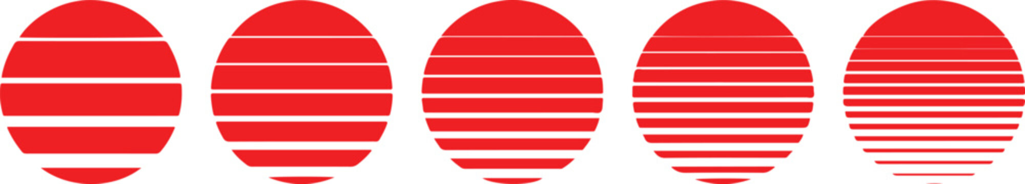 Set of five red sun circle icons with parallel horizontal line textures abstract geometric