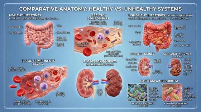 Comparative anatomy of healthy vs unhealthy human organ systems and blood components