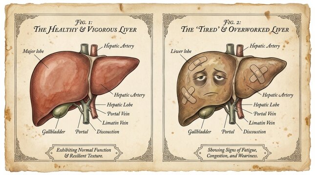 Vintage anatomical illustration of a healthy versus a tired and overworked liver with medical labels