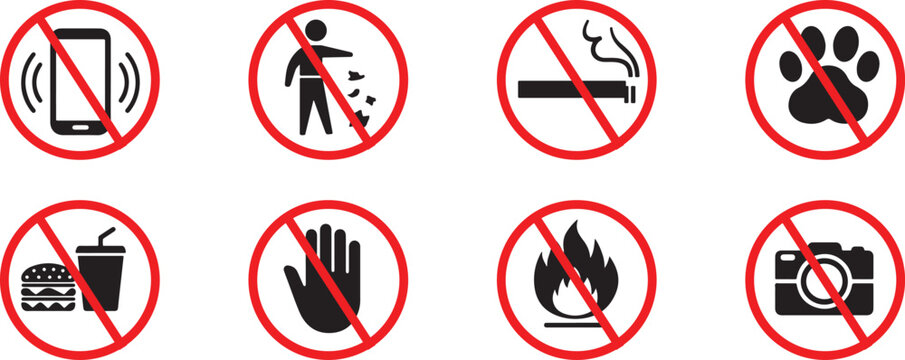Set of prohibited activity signs and warning icons with no smoking no food no pets no photography