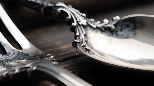 Closeup of antique silver fork and spoon on wooden table.