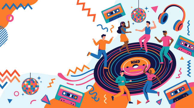 Celebrate World Music Day with a vibrant retro party scene featuring dancing people, music records, and cassette tapes