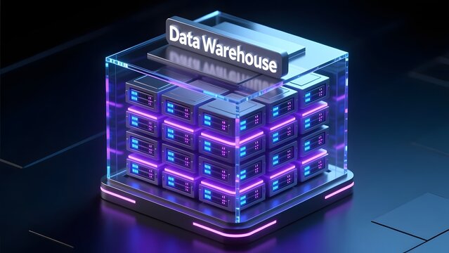 Data Warehouse server concept, futuristic digital storage infrastructure, isometric 3D render of a cloud computing center with glowing neon lights