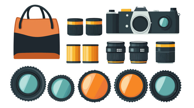 Camera, lenses, bag, and accessories in a flat style