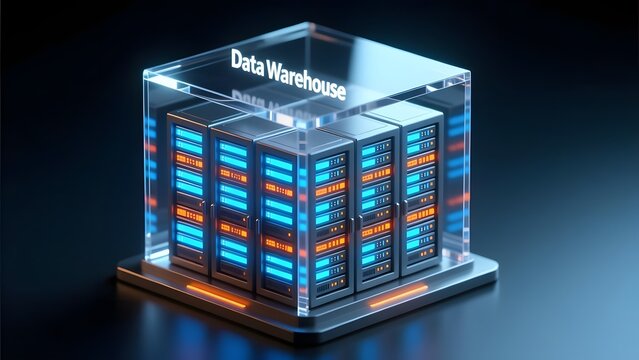 Data Warehouse concept with glowing server racks in glass cube, futuristic cloud storage technology, digital database infrastructure for big data