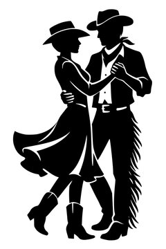 Elegant vector silhouette of a cowboy and cowgirl partner dancing, featuring western attire with cowboy hats, boots, chaps, and a flowing skirt, captured with clean high-contrast lines