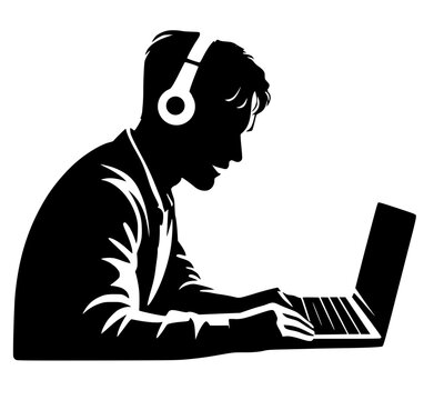 High-contrast vector silhouette of a young man wearing headphones and working on a laptop computer, viewed from the side profile with clean, minimalist graphic lines