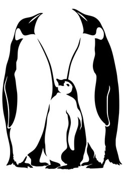 Minimalist vector silhouette of two adult penguins forming an arch over a chick. High‑contrast design symbolizing family, protection, love, and wildlife. Perfect for nature or parenting themes.