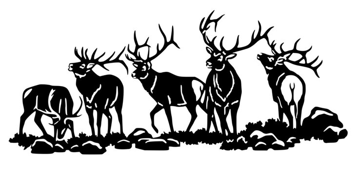 Dynamic vector silhouette of a herd of five majestic elk stags with large antlers standing and grazing in a rocky landscape, featuring clean high-contrast lines