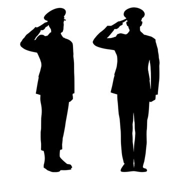 High‑contrast vector silhouettes of two uniformed figures saluting. Minimalist design symbolizing respect, discipline, honor, and service. Ideal for military, patriotic, or ceremonial themes.