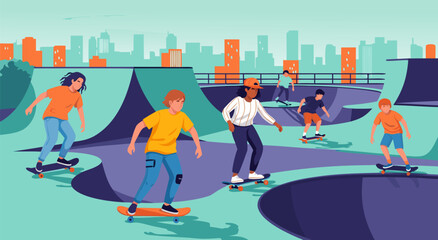 Vector illustration of a diverse group of young people enjoying skateboarding at a skate park on a sunny day with city skyline in the background © Purnomo