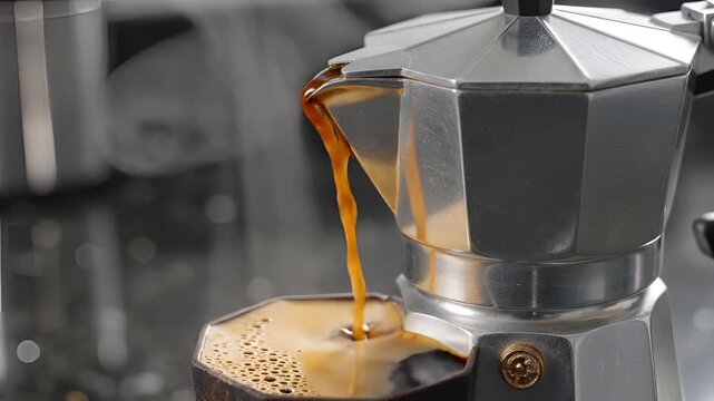 Closeup of Moka Pot brewing rich espresso coffee in slow motion.