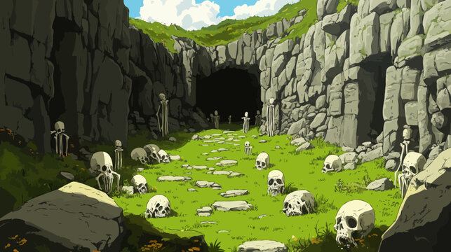 Cave entrance surrounded by skeletons on grassy ground under partly cloudy sky