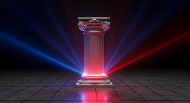 Ancient Column Illuminated by Red and Blue Lights