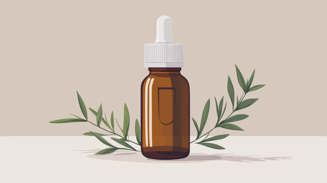 Digital illustration of a medicinal dropper bottle with green leaves foreground