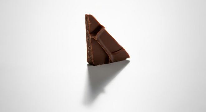 Extreme close-up of a broken dark chocolate bar piece on a white background with a distinct shadow