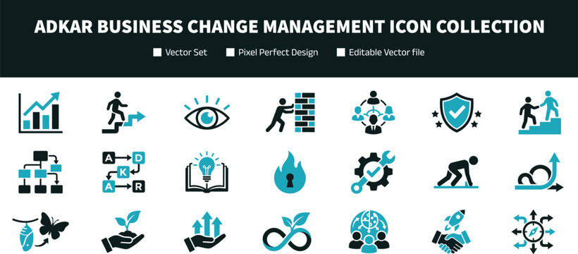 ADKAR Business Change Management Icon Collection with Leadership Transformation and Organizational Development Elements for Corporate Graphic Design Projects