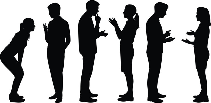 Black silhouettes of six people in conversation and interaction on white background group discussion