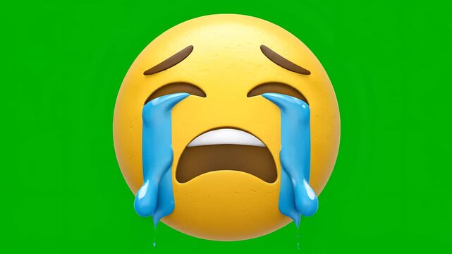 Crying Emoji Face with Tears on Green Screen Background.