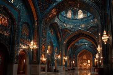 Obraz premium Macro photograph of intricate blue ceramic mosaic tiles from a Registan madrasah featuring exquisite gold leaf accents and detailed geometric patterns.