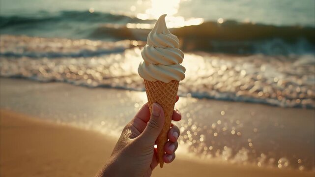 Ice cream cone held by hand at beach during sunset golden hour creating beautiful motion cinematic video background clip