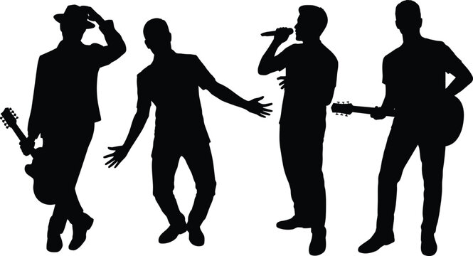 Four black silhouettes of men one wearing a hat and holding a guitar another dancing a third singing into a microphone and a fourth playing a guitar