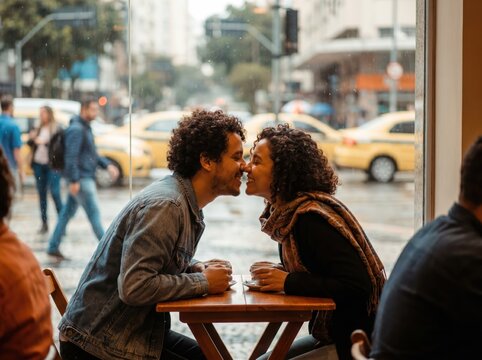 Beijo carinhoso entre casal brasileiro em um caf&eacute; urbano