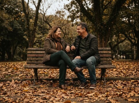 Casal brasileiro sentado em um banco de pra&ccedil;a em um dia de outono