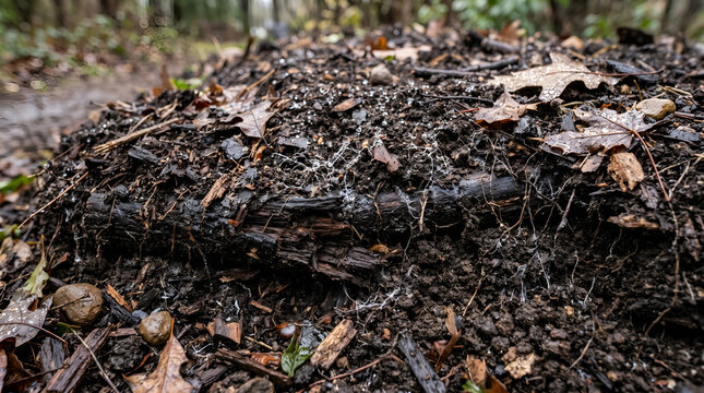 Moist hugelkultur bed detail with decomposing wood, compost, droplets, and soil texture for water retention, ecology, and sustainability backgrounds.