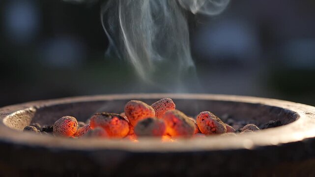 Close up the incense burner that has been lit to produce soft, floating smoke.